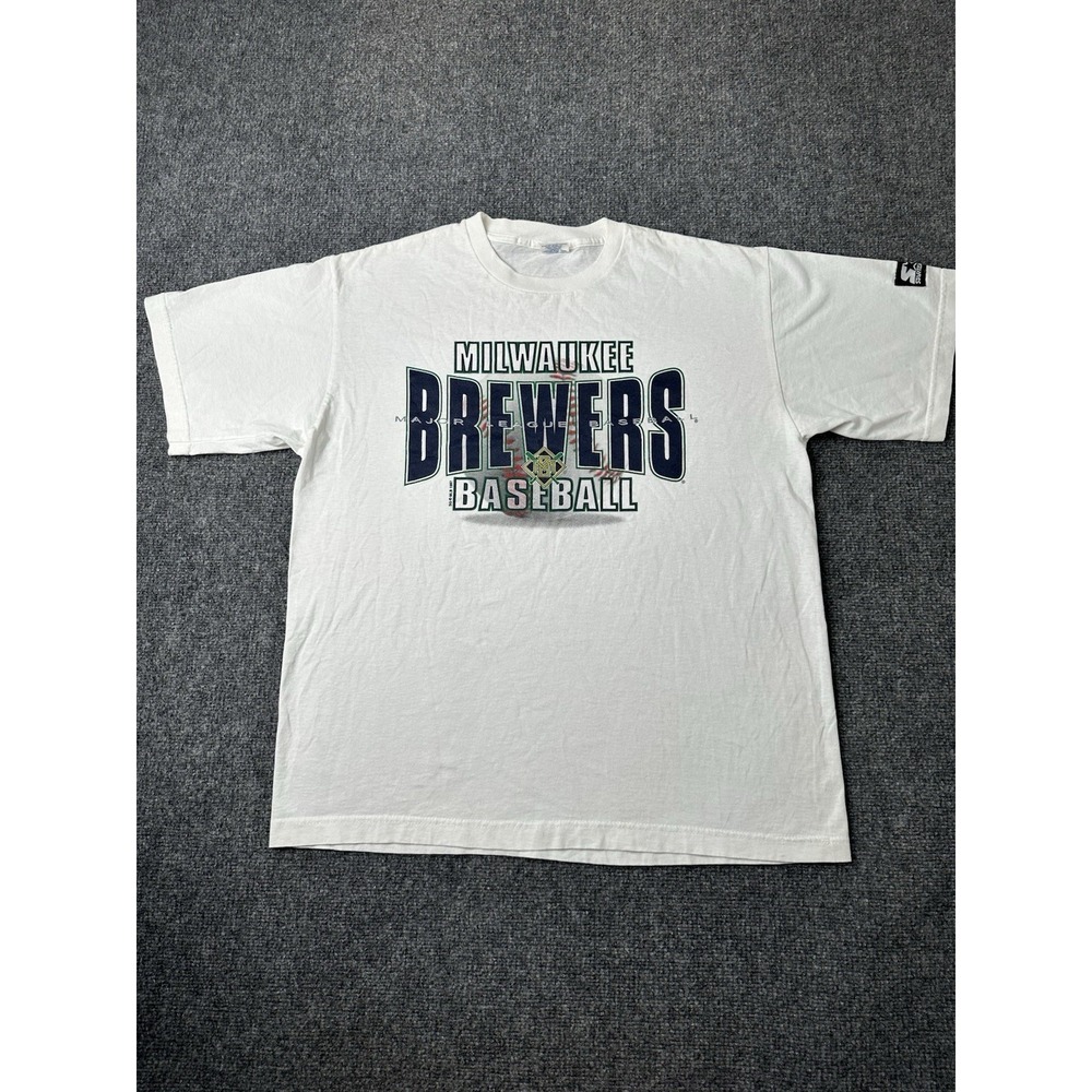 Mens T Shirt Starter Milwaukee Brewers Baseball White 1997, Size L